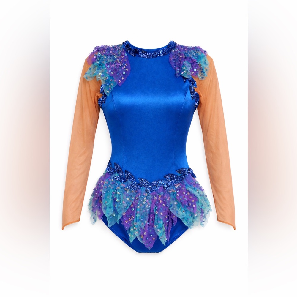 Vintage 90s Girls Blue Figure Skating Dress Leotard Sequin Mesh Long Sleeve